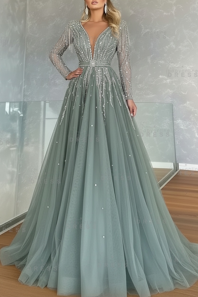 Long Sleeves V-neck Ball Gown A-line Prom Dress with Beadings