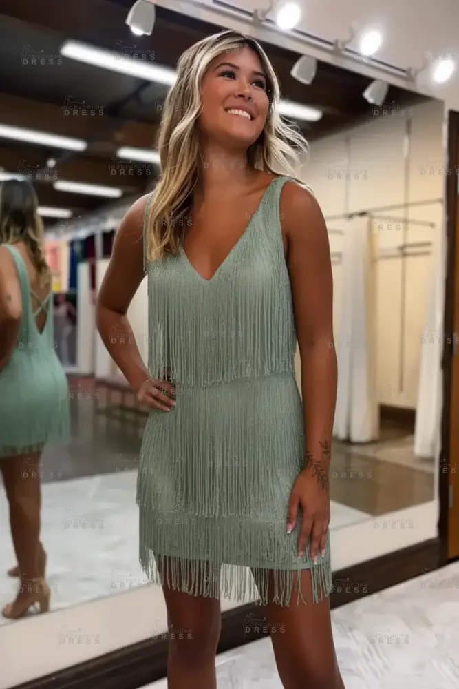 White V-Neck Backless Short Homecoming Dress with Tassels