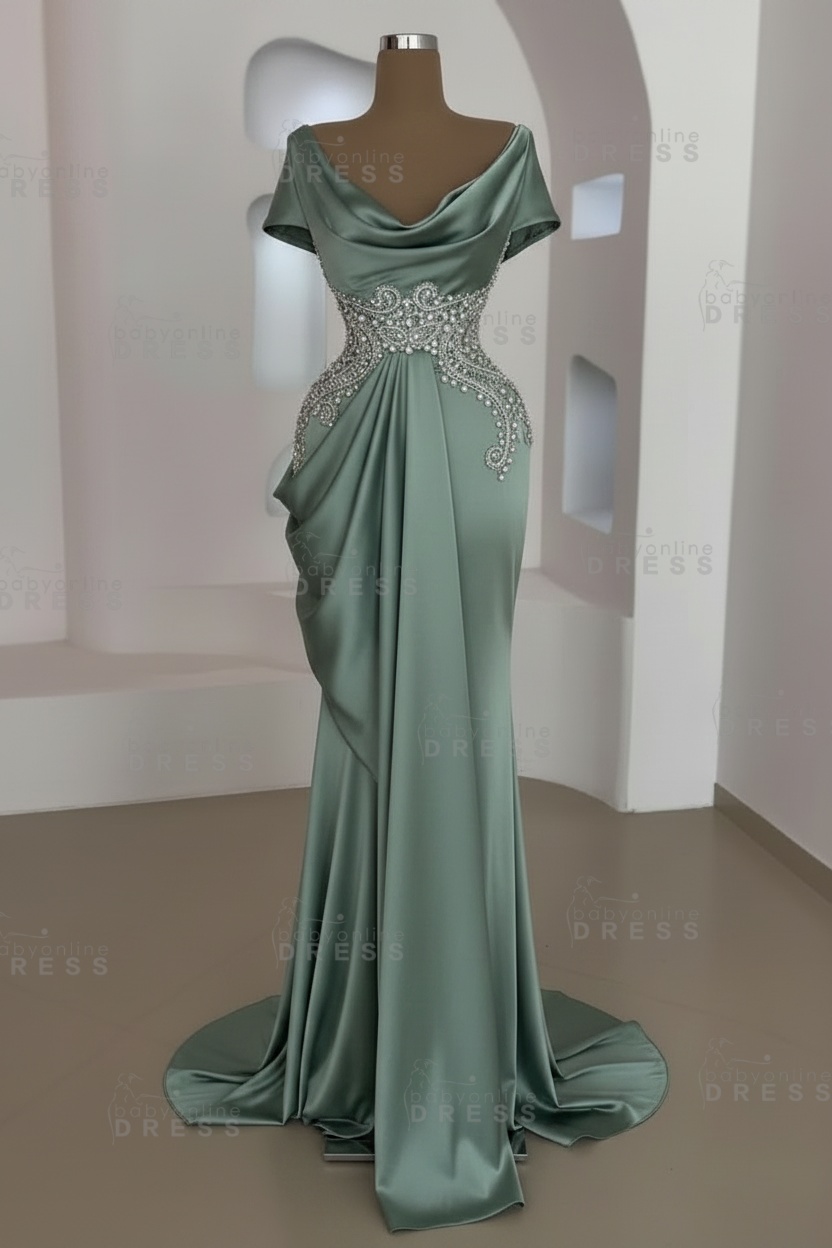Short sleeves Mermaid Round neck Gray Prom Dresses