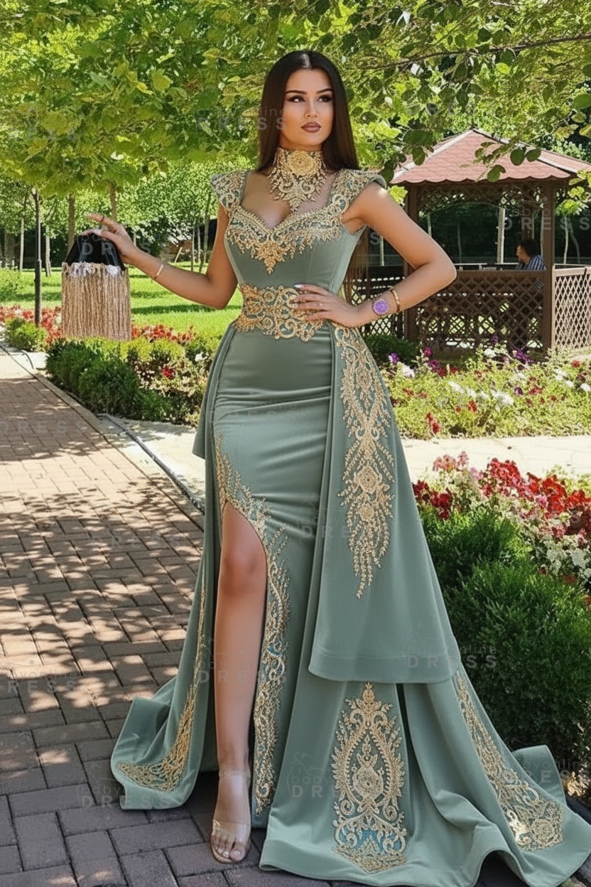 Dark Green Velvet Mermaid Evening Dress with Gold Lace appliques