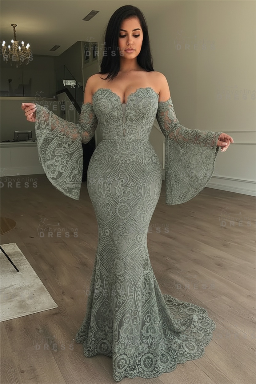 Off-the-Shoulder Long Sleeves Lace Floor-Length Mermaid Evening Dress