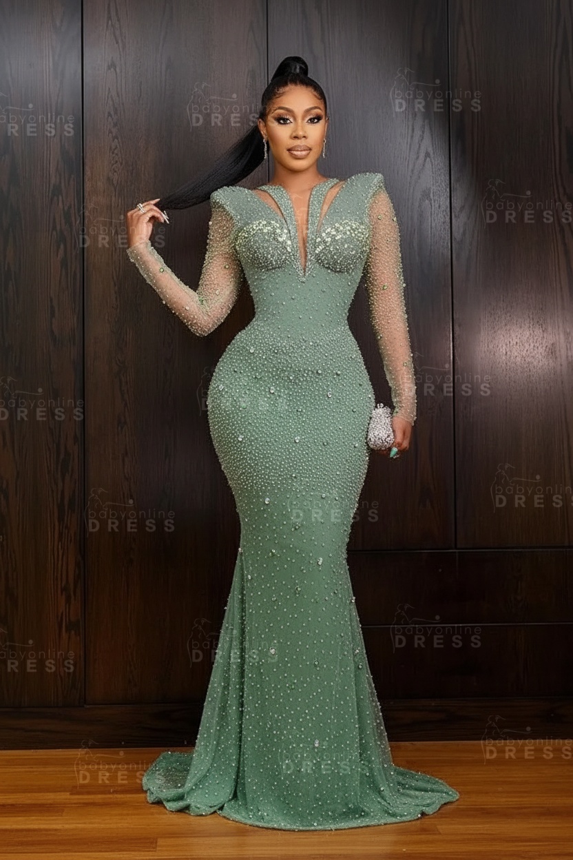 Green V-Neck Beadings Long Sleeves Floor-Length Mermaid Prom Dress
