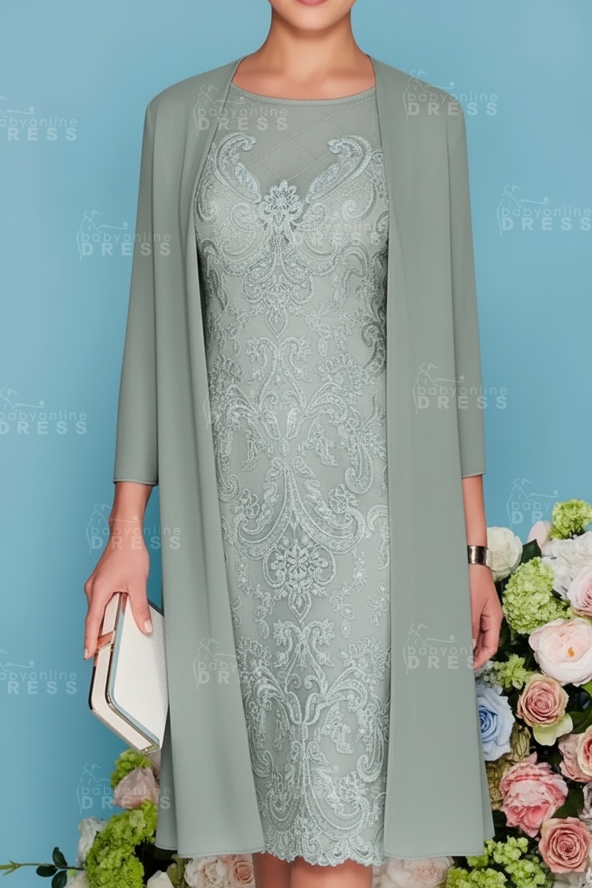 Scoop Neck Two Piece of Mermaid Slim Mother of the Bride Dress Chiffon 3/4 Sleeves Wedding Guest Outfits