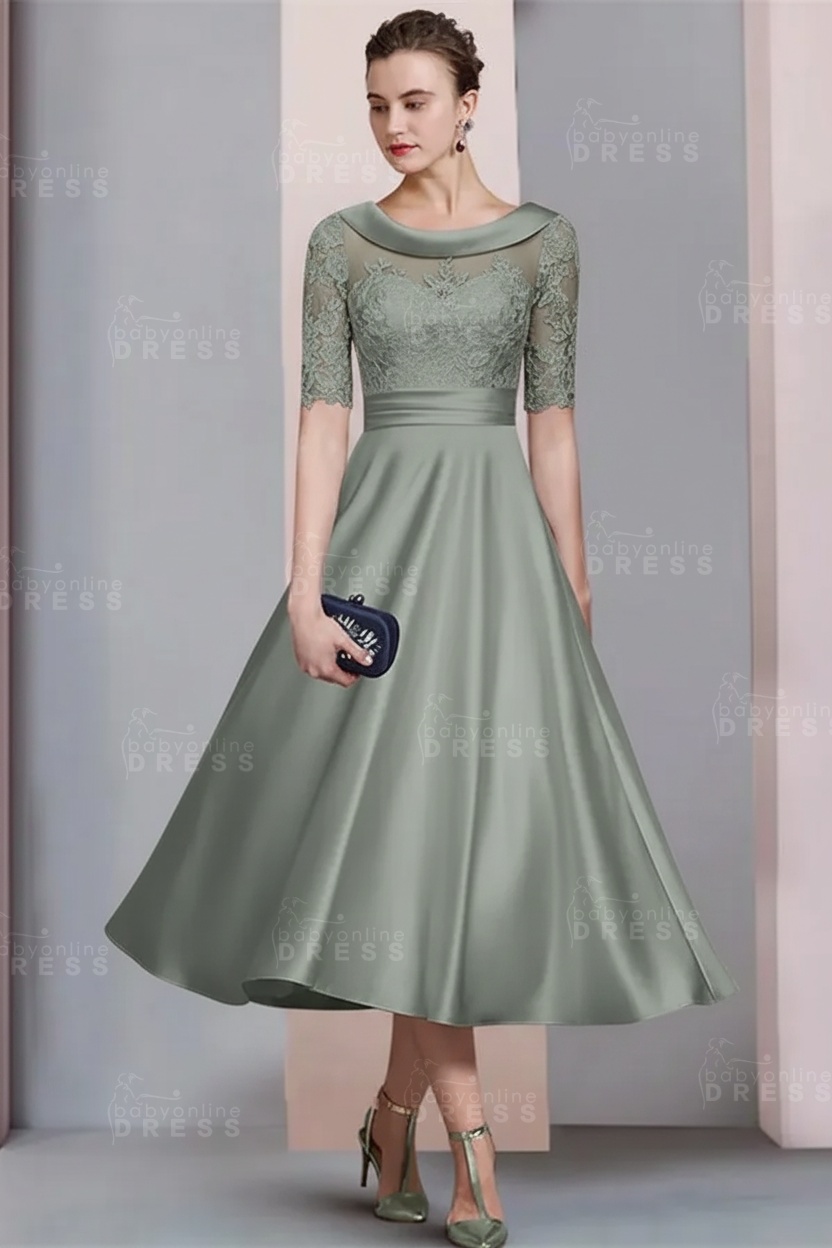 Elegant Ivory Jewel Lace Beading A-Line Tea Length Satin Wedding Guest Dress Formal Mother Dress