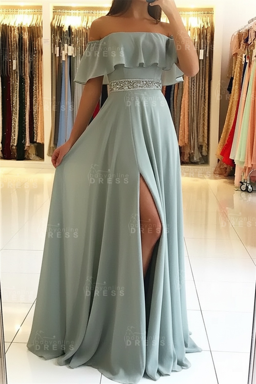 Sky Blue Off The Shoulder Evening Dresses Sexy | Chiffon Side Slit Prom Dress with Crystals Belt