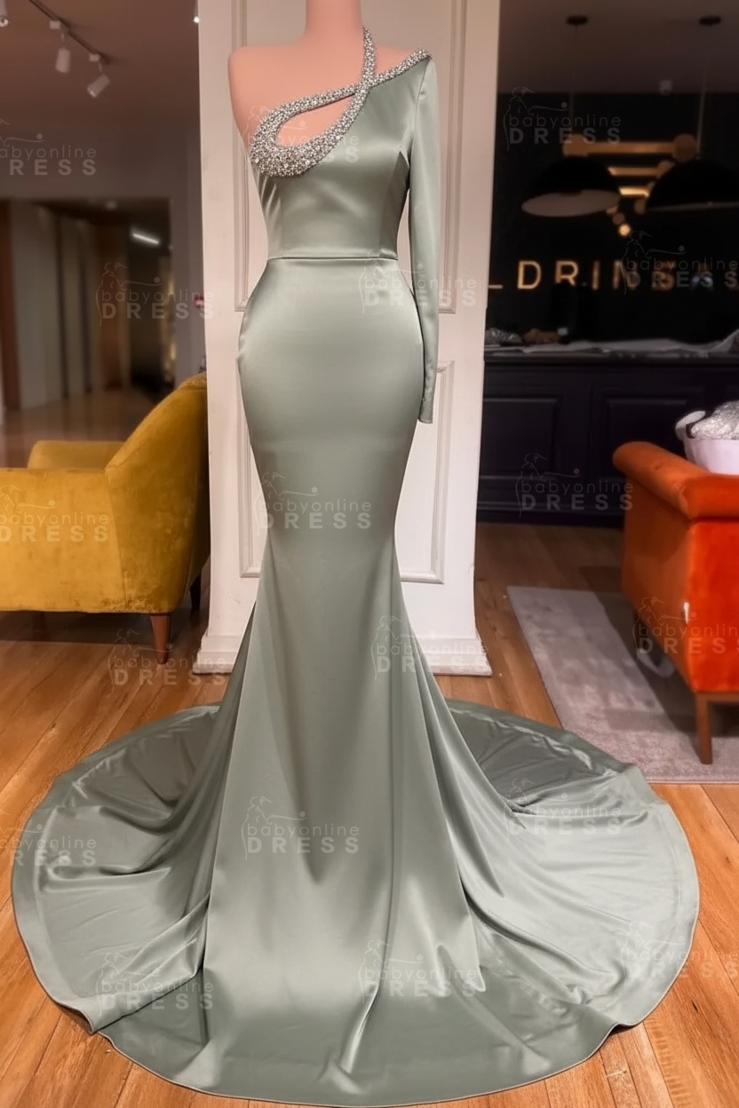 Long sleeves Beaded neckline Black Mermaid Prom Dresses