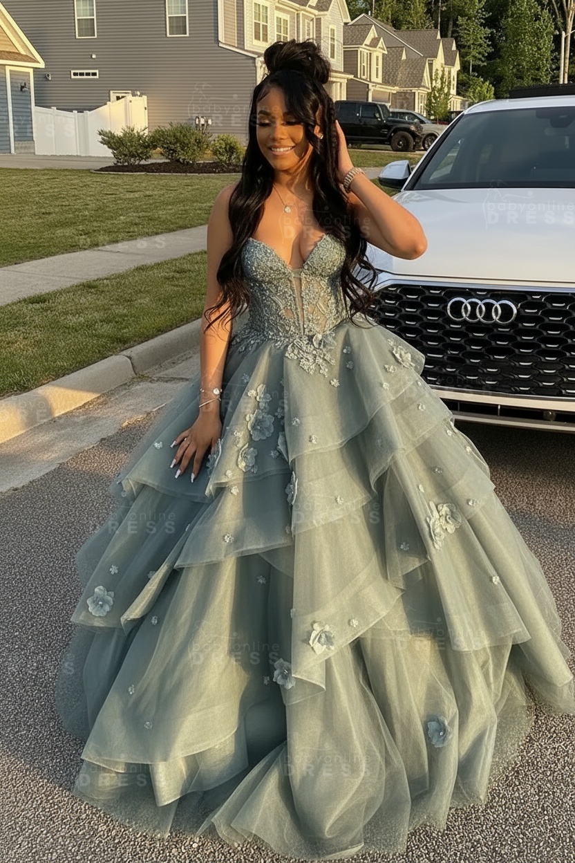 Sleeveless V-Neck Tulle Aline Prom Dress Floral Tiered Ruffles Corset Evening Dress