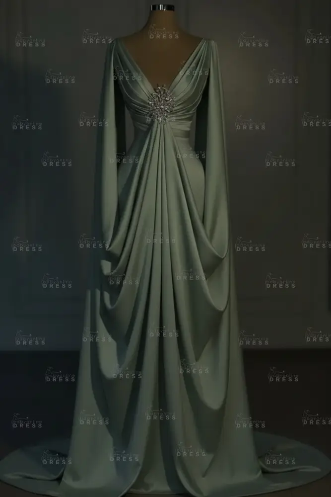 Long sleeves V-neck Satin Ruffles Mermaid Prom Dresses Floor-Length