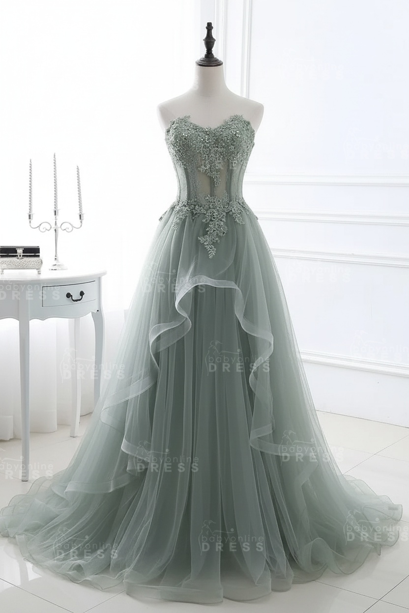 CHARLIZE |Ball Gown Sweetheart Tulle Sky Blue Prom Dress with Sequins BM0422