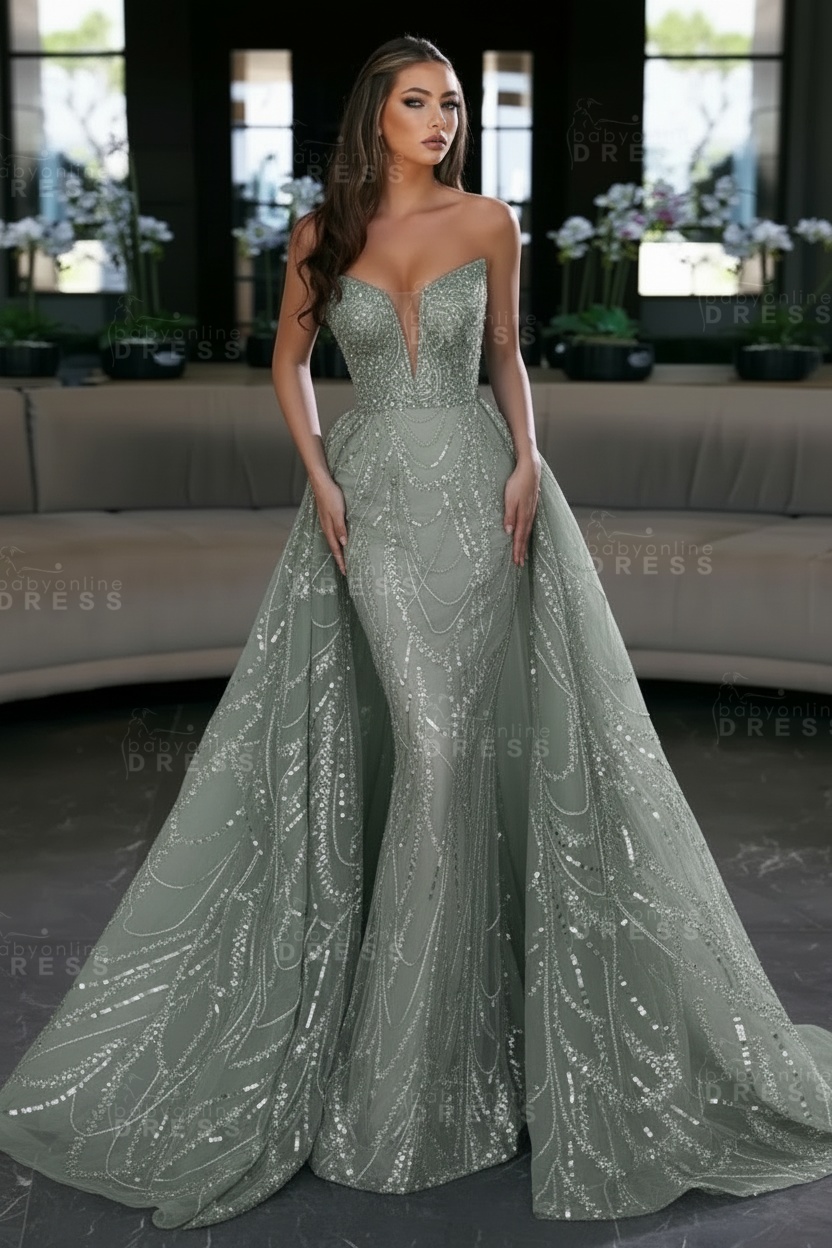 Blue Sequin Mermaid Sweetheart Prom Dresses with Overskirt