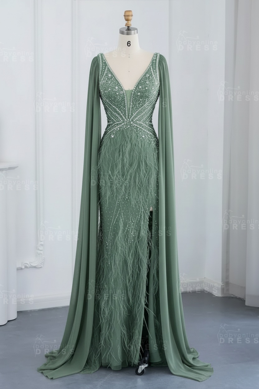 Glamorous V-Neck Fur Beadings Front Slit Mermaid Evening Gowns with Tulle with Cape Sleeves Wedding Party Dress