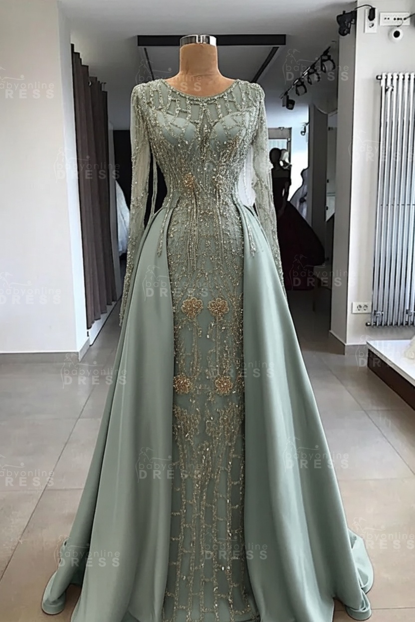 Shining Beaded Long Sleeves Round Neck Prom Dresses With Over Skirt | A Line Evening Gowns
