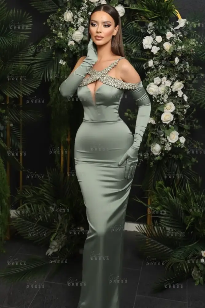 Spaghetti Straps Crystals Column Satin Prom Dresses Floor Length