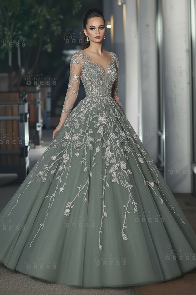 Stunning Illusion Long Sleeve Sexy Evening Gowns | A-line Lace Appliques Tulle Prom Dress