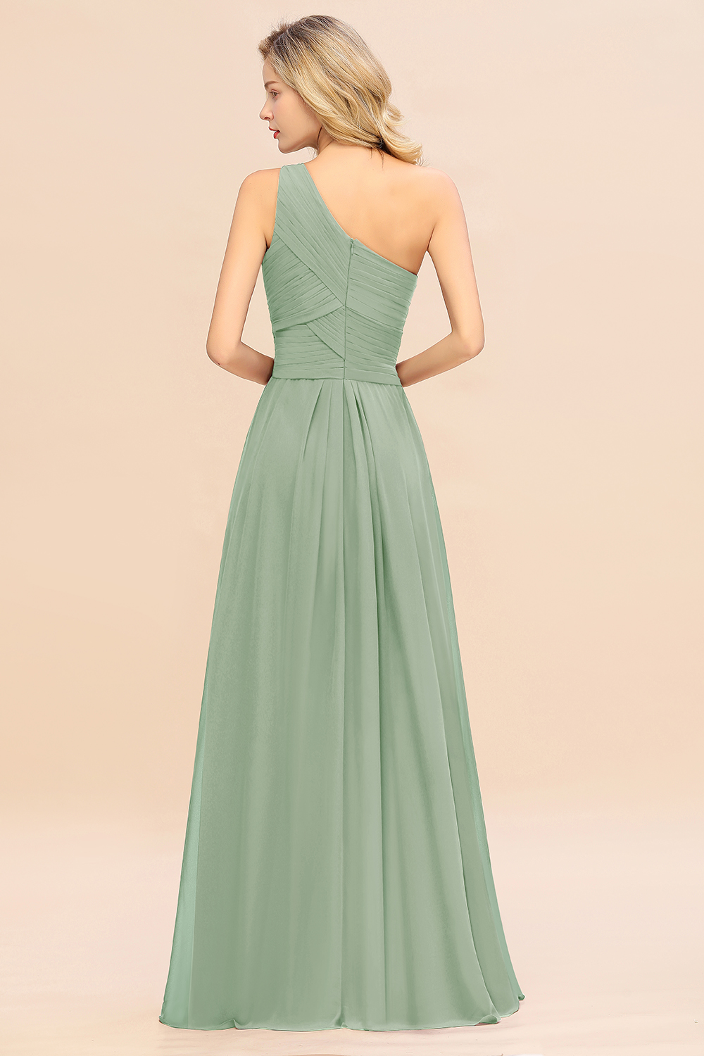 Elegant One Shoulder Ruffles Chiffon A-Line Dusty Sage Bridesmaid Dress