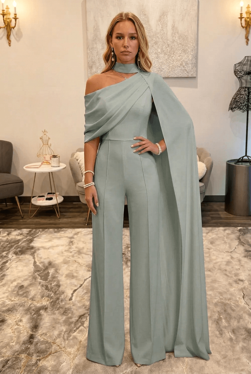 Dusty Sage Asymmetric Neck One-Shoulder Bridal Formal Jumpsuit with Sash