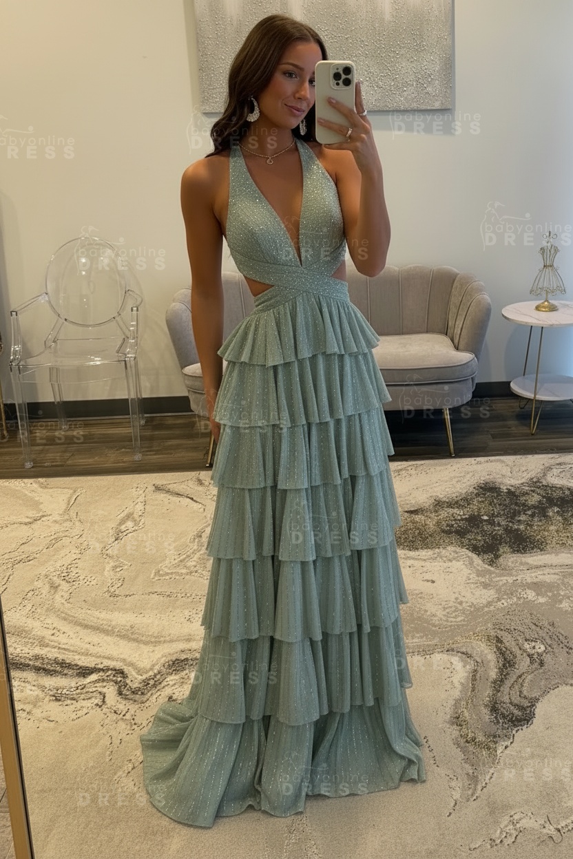 Halter Aline Prom Dress Sequined V-Neck High Split Evening Dress Long