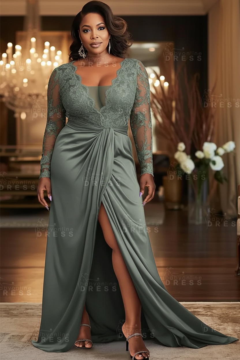 V-neck Appliques Lace Long Sleeve A-Line Prom Dresses with Slit