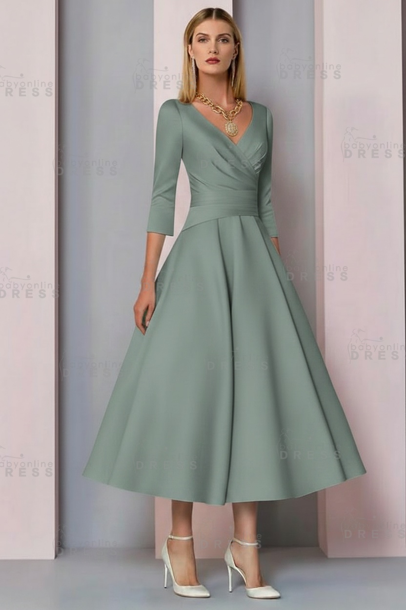 Half Sleeves White Ankle Length Mother of the Bride Dress V-Neck Satin Wedding Guest Dress