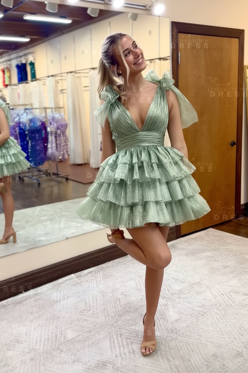 Fuchsia V-Neck Straps Ruffled A-Line Short Homecoming Dress