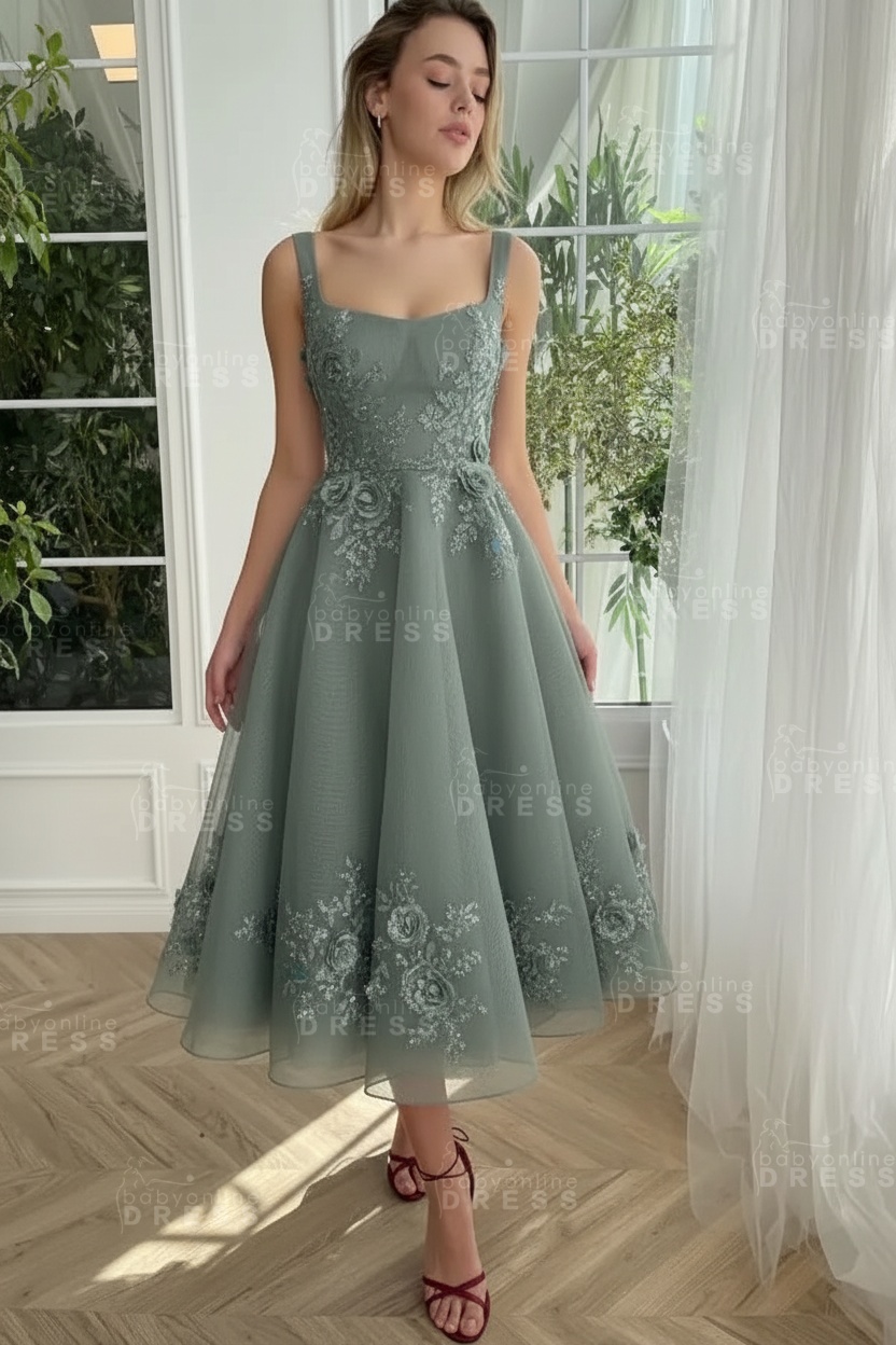 Burgundy Ankle length square neck Homecoming Dress Tulle Aline Formal Dress