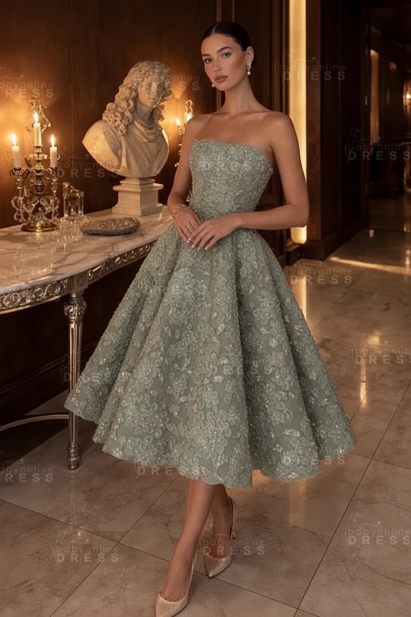 Strapless Yellow Floral A-Line Tea Length Prom Dress with Beadings
