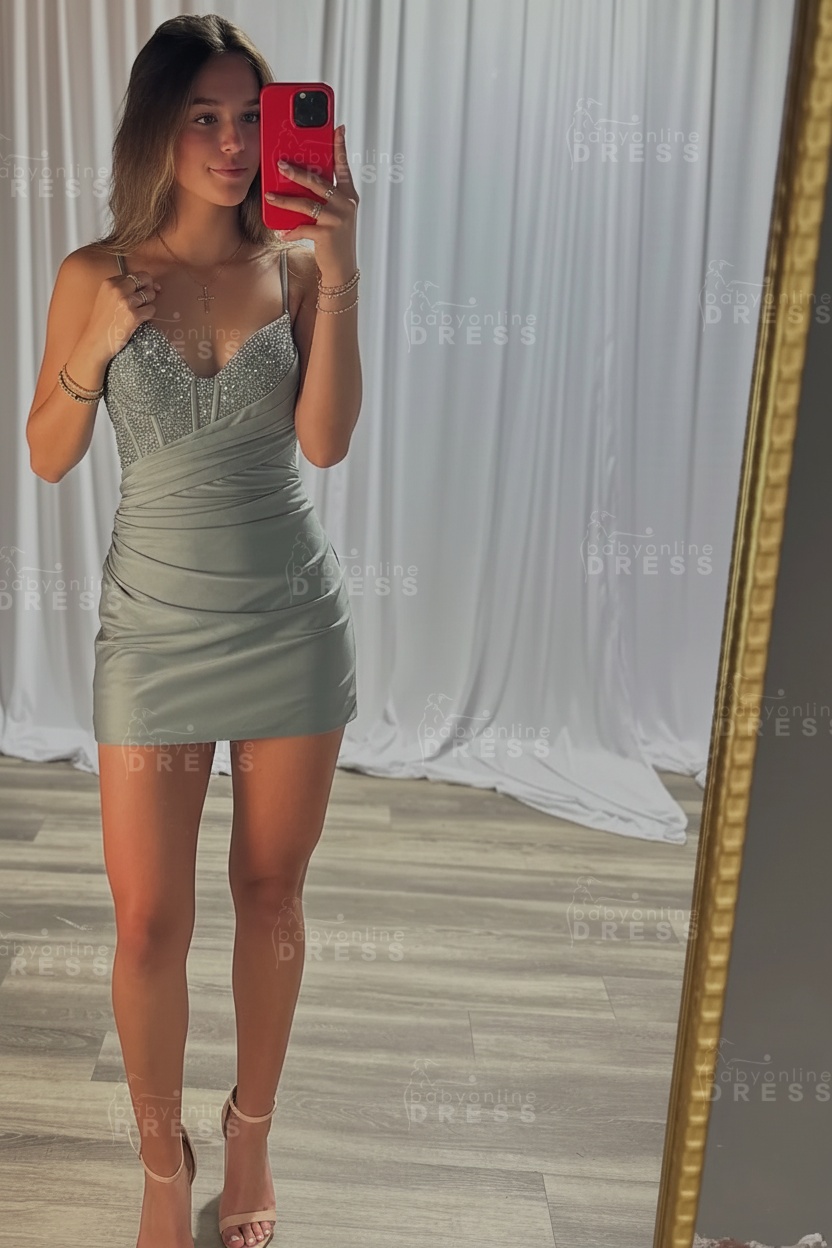 Spaghetti Straps Satin Tight Short Homecoming Dress with Beadings