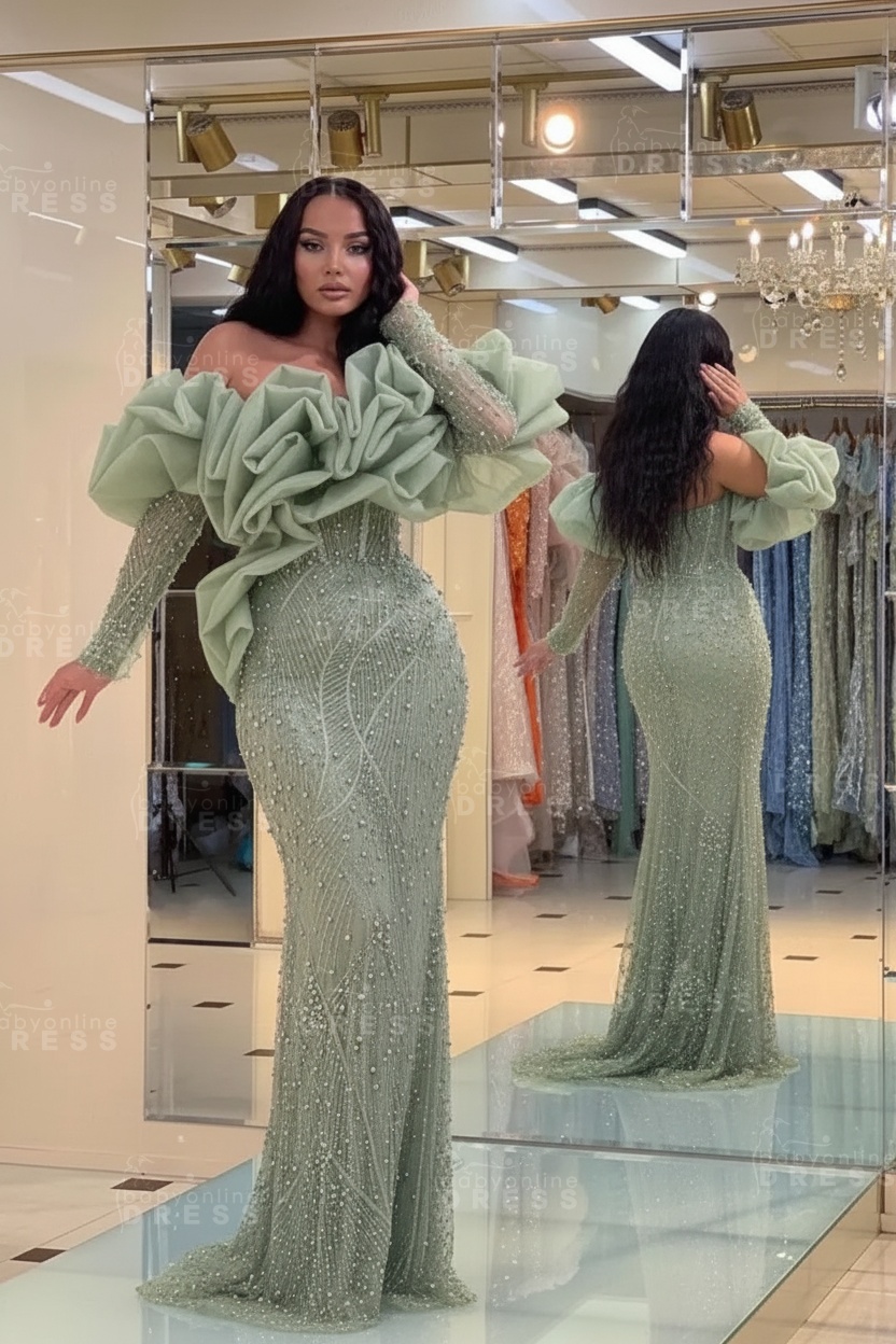 Bubble Sleeves Long Mermaid Prom Dress with Sequins and Beadings