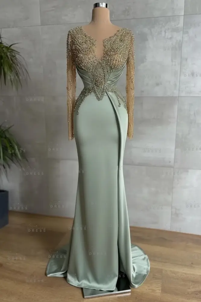 Gold Long sleeves Satin Mermaid V-neck Prom Dresses