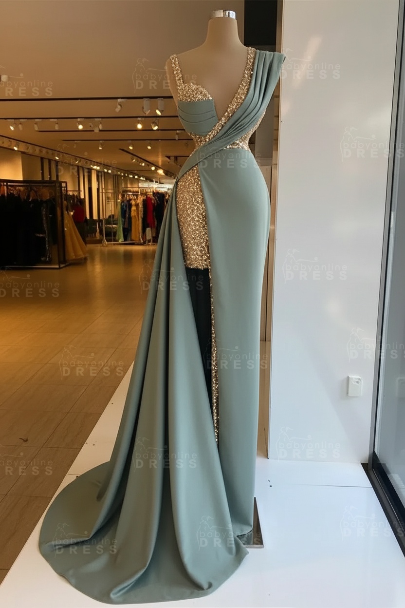 Luxury Satin Prom Dress Sleeveless with Sequins Sleeveless Evening Gown