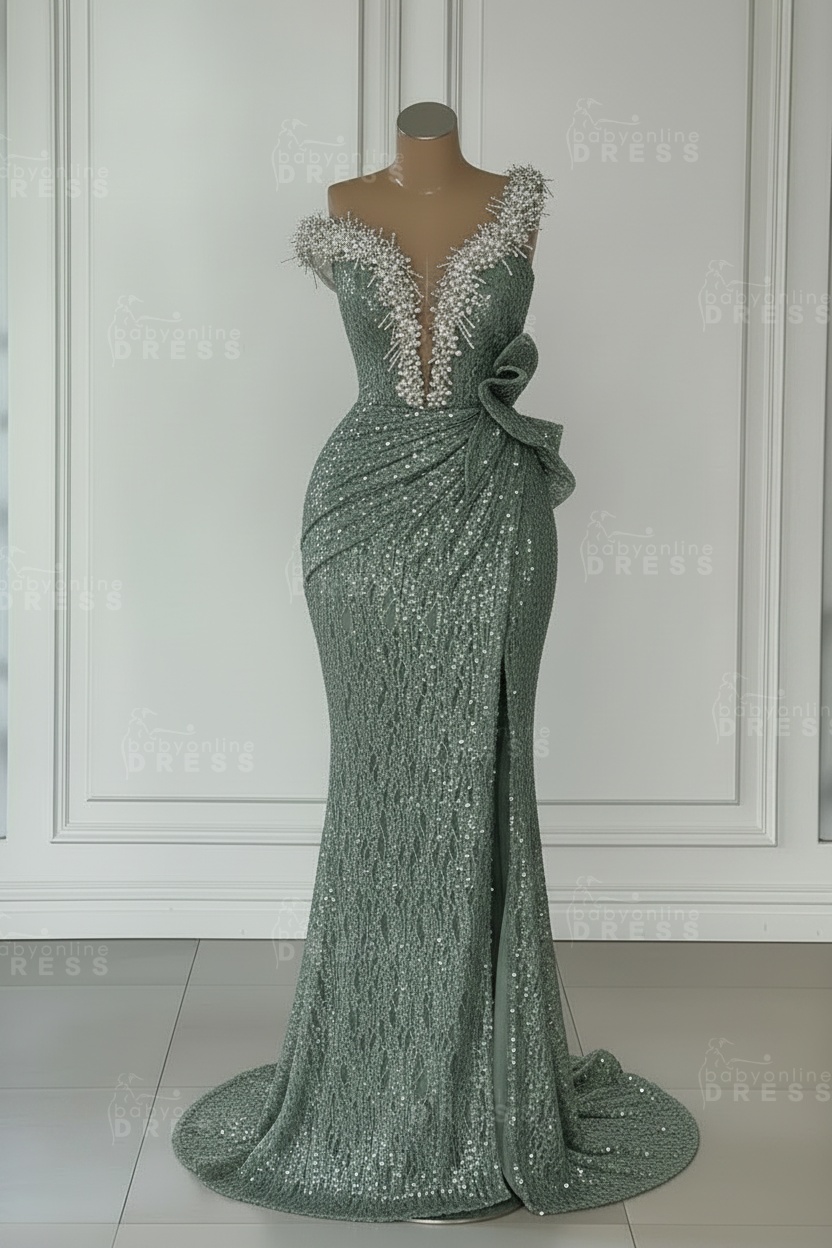 One Shoulder Sequins Sleeveless Long Mermaid Prom Dress
