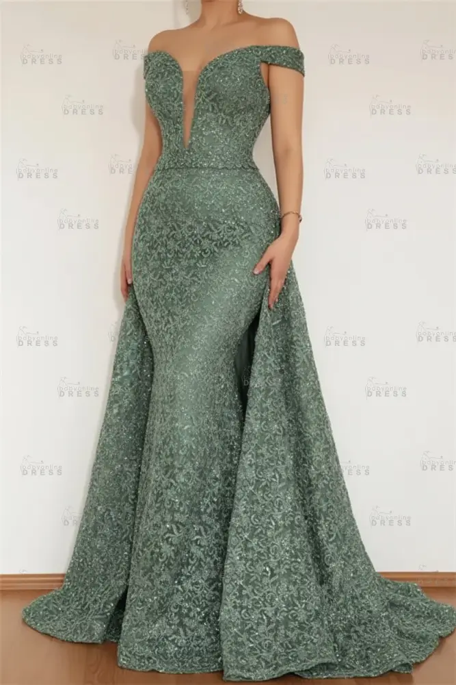 Burgundy Glamorous Mermaid Off The Shoulder Lace Appliques Prom Dress With Detachable Skirt