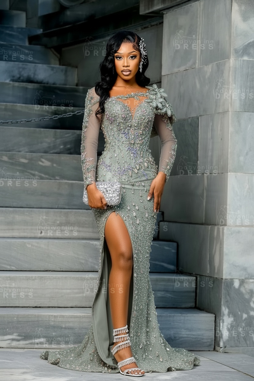 Sparkly Sky Blue Mermaid Prom Dress Beadings Long Sleeves Evening Gown Flowers with High Slit