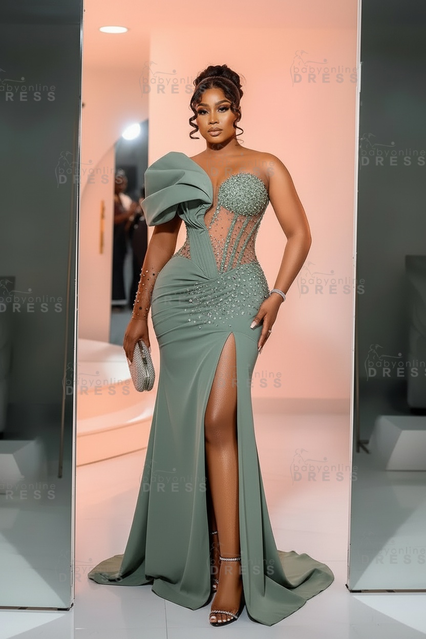 One-Shoulder Long Sleeves Corset Beadings Mermaid Prom Dress with High Split