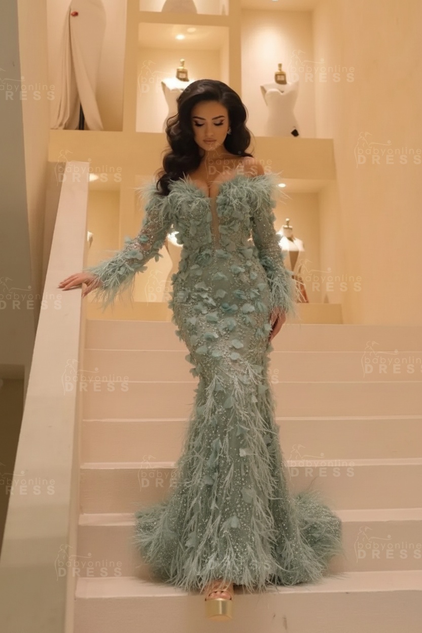 V-neck Long Sleeves Mermaid Evening Dresses Floor Length with Flowers