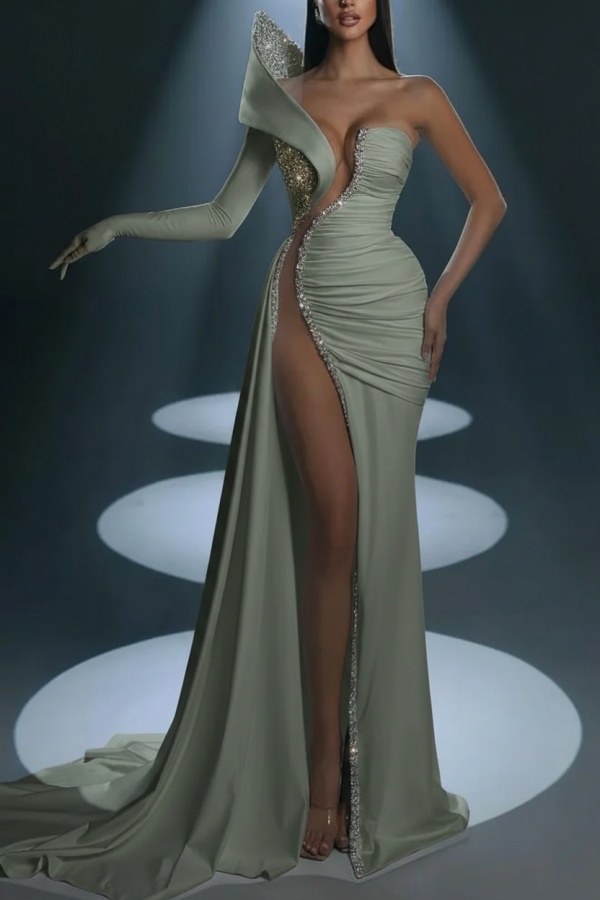 White One shoulder High Split White Court Train Prom Dresses