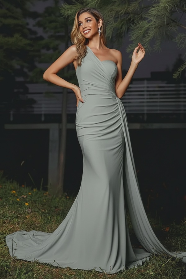 One Shoulder Lavender Satin Evening Dresses Mermaid Prom Dress