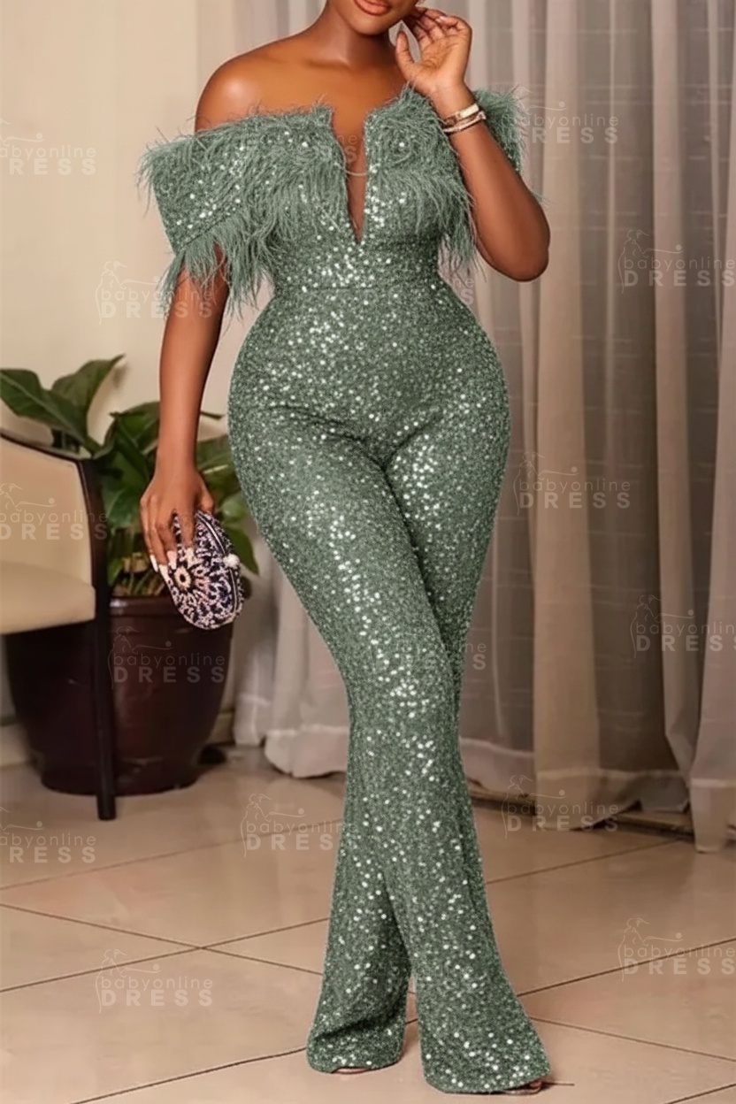 Plus Size Off Shoulder Sequin Women Jumpsuit Black Long Party Jumpsuits