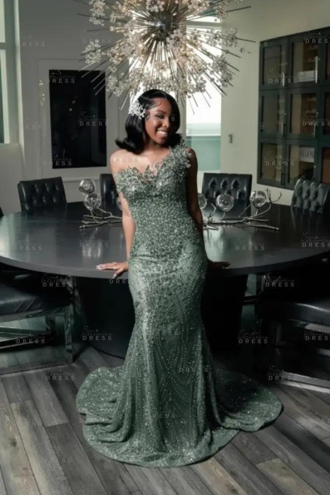 Strapless Dark Green Mermaid Prom Dress with Beadings