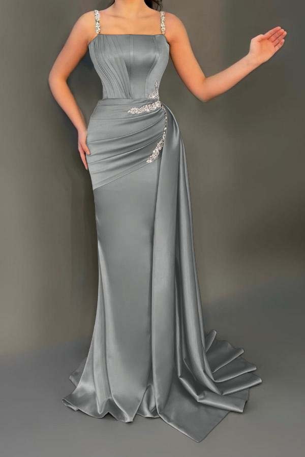 Stunning Square Neck Ruched Satin Mermaid Prom Dress with Side Sweep Train Sleeveless