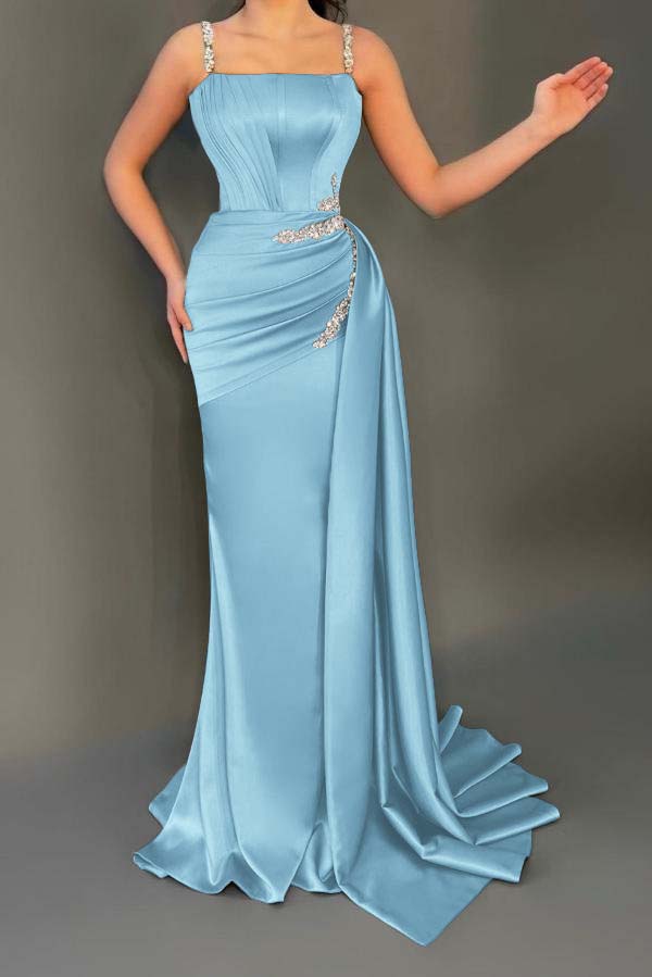 Stunning Square Neck Ruched Satin Mermaid Prom Dress with Side Sweep Train Sleeveless