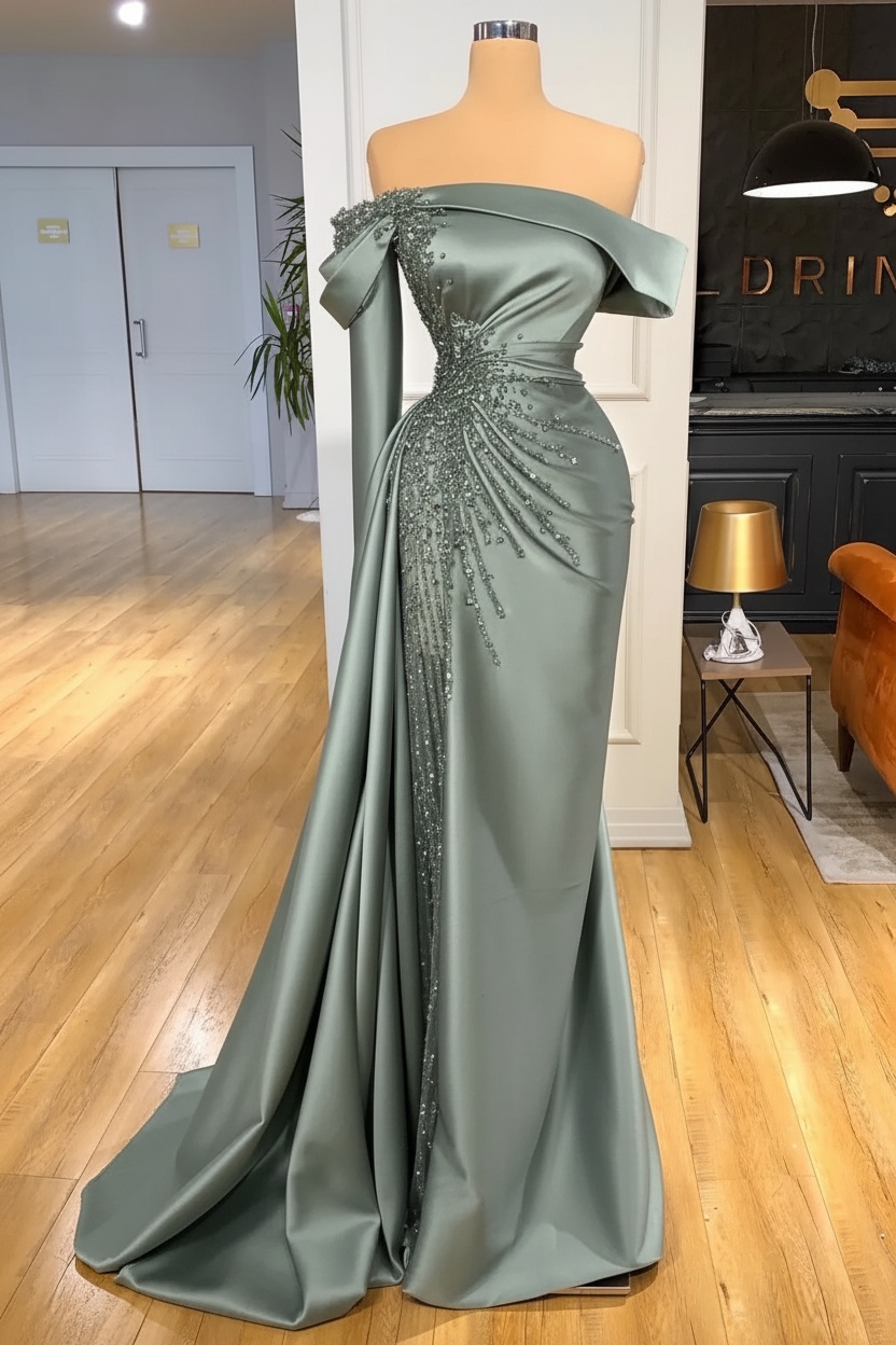 Off-the-Shoulder Satin Floor Length Prom Dress with Side Slit