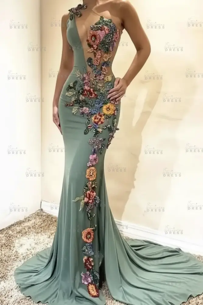 Amazing One-Shoulder Floral Pattern Beadings Floor-Length Mermaid Prom Dress 