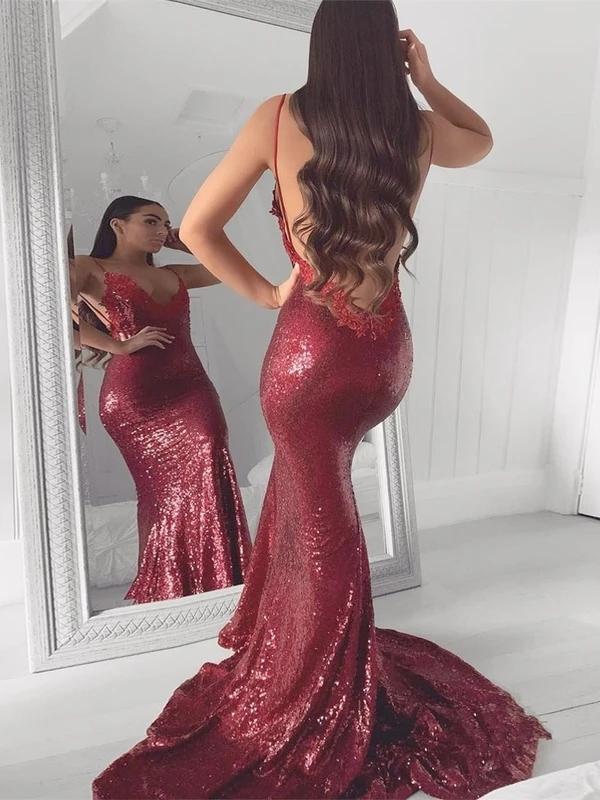 Burgundy V-neck Court Train Mermaid Prom Dresses