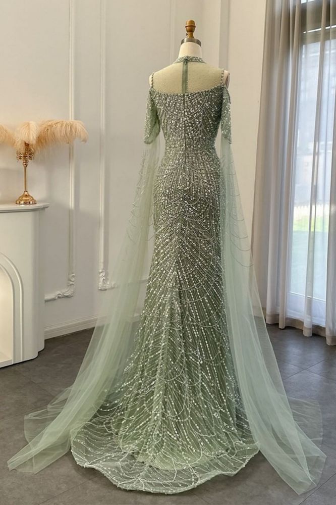 Luxury Shiny Beading Halter Dubai Mermaid Evening Gown Cape Sleeves Floor Length Party Dress