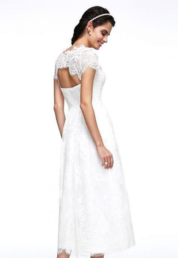 A-Line Wedding Dresses Jewel Neck Tea Length Lace Short Sleeve Simple Casual Illusion Backless