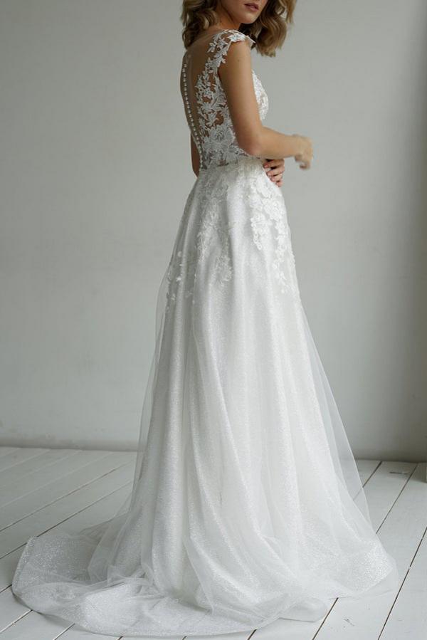 Chic Floral Lace Tulle Wedding Dress Aline Cap Sleeves Bridal Dress Long