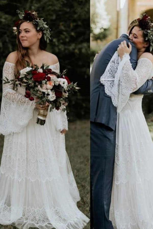 Long sleeves Boho Beach Garden Tulle White Loose Wedding Dress