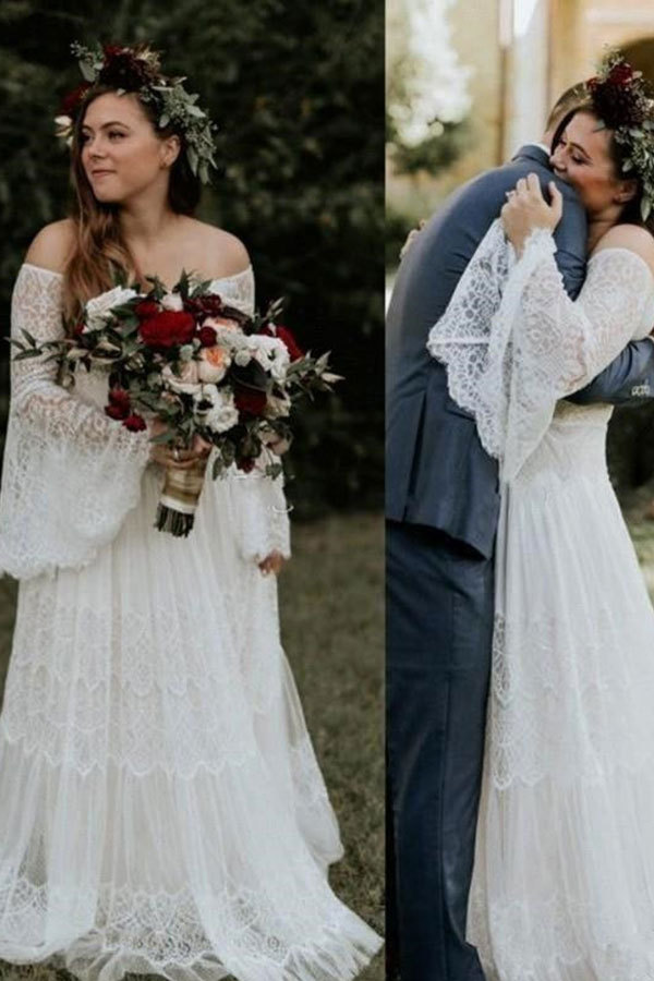 Long sleeves Boho Beach Garden Tulle White Loose Wedding Dress