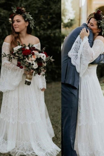 Long sleeves Boho Beach Garden Tulle White Loose Wedding Dress